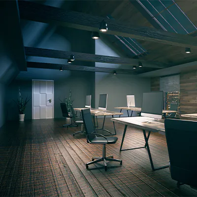 Büro wird in der Nacht beleuchtet